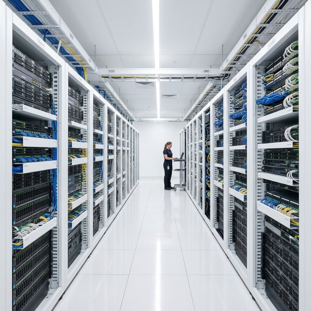 Bright server room representing cloud hosting and database management